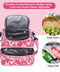 Alternative view of MIER 2 Compartment Kids Small Lunch Box Bag for Boys Girls Toddlers, Adult Leakproof Cooler Insulated Lunch Tote with Shoulder Strap (Pink Flower) Pink Flower