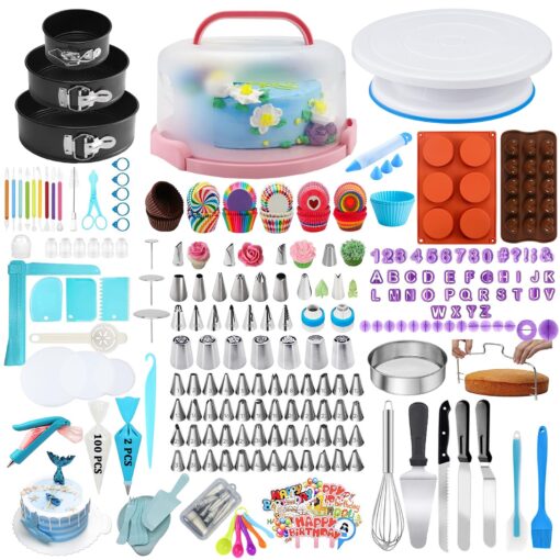 Gawren-H&E Cake Decorating Kit with Cake Carrier,678 PCS Cake Decorating Supplies Kit with 3 Springform Pans,Piping Bags and 74 Piping Tips,Chocolate Mold,Turntable - Baking Supplies Kit Set 678 PCS BLUE