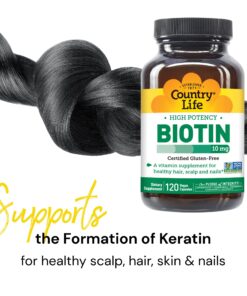 Country Life Biotin High Potency, 10mg, 120 Count, Certified Gluten Free, Certified Vegan, Verified Non GMO 120 Count (Pack of 1) 12 81KAmg dtAL
