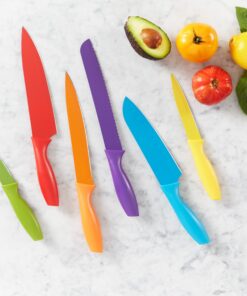 Amazon Basics Color-Coded Kitchen 12-Piece Knife Set, 6 Knives with 6 Blade Guards, Multicolor, 13.88 x 4.13 x 1.38 inch 25 81KLpUum7CL