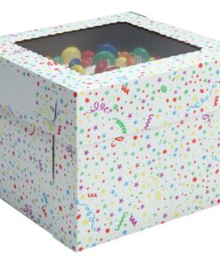 W PACKAGING WPCB128PB 12x12x8 White/Kraft Party Print 8" Deep Cake Box W/Window, E-Flute (Pack of 25)