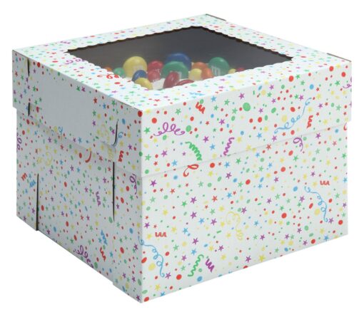 W PACKAGING WPCB128PB 12x12x8 White/Kraft Party Print 8" Deep Cake Box W/Window, E-Flute (Pack of 25)