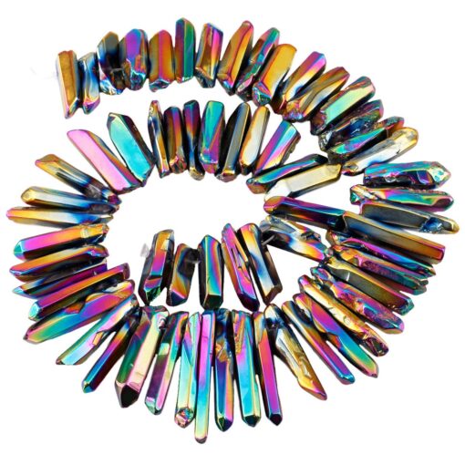 SUNYIK Rainbow Aura Titanium Coated Crystal Points Quartz Polished Sticks Spikes Point Beads 15 inch Strand Drilled 0.5"-1.6" #3-Rainbow(Polished)