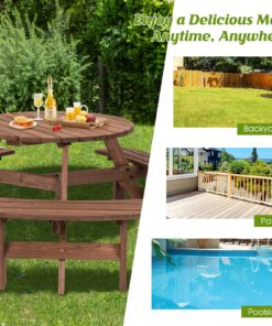 Giantex 6 Person Wooden Picnic Table Set with Wood Bench, with Umbrella Hold Design, Perfect for Outdoor Garden Yard Pub Beer Dining, Dark Brown 67"L×67" W×27.5" 27 81KT6ol8ynL
