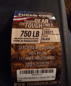 TOUGH-GRID Premium 750lb Paracord 100% Nylon Type IV Mil-Spec Parachute Cord - Certified MIL-C-5040H - UV/Abrasion Resistant - Heavy Duty Strands - Made in USA and Used by US Military Black 200Ft. (Wound on Tube) 27 81KdX2t3CaL