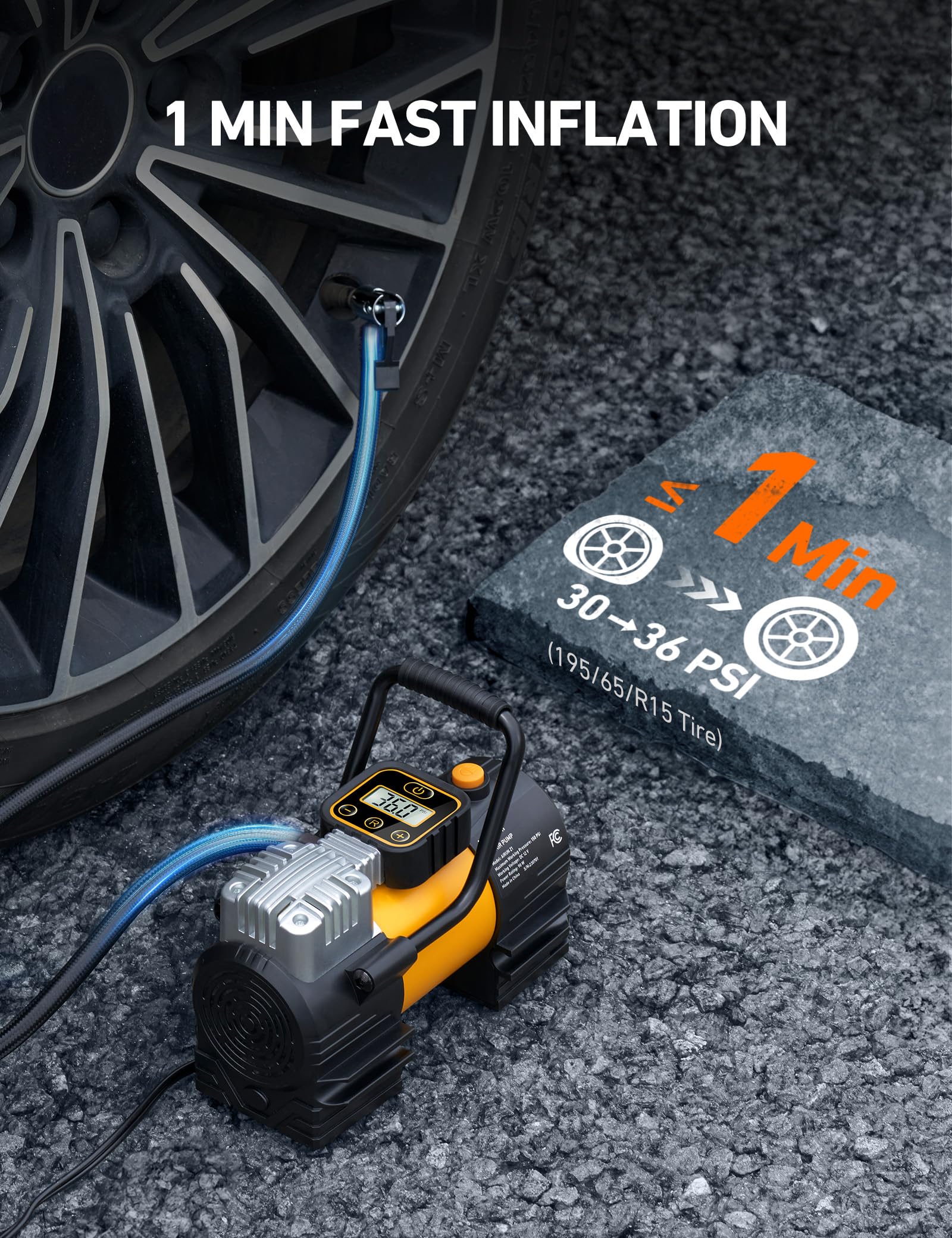 AstroAI Tire Inflator Portable Air Compressor (Up to 150 PSI) Tire Pump for Car 12V DC Digital Air Pump with 12 LEDs Super Bright Light for Bicycle, Motorcycle, Automotive Car Accessories Yellow Type 2 3 AstroAI Tire Inflator Portable Air Compressor (Up to 150 PSI) Tire Pump for Car 12V DC Digital Air Pump with 12 LEDs Super Bright Light for Bicycle, Motorcycle, Automotive Car Accessories Yellow Type 2 - Image 3