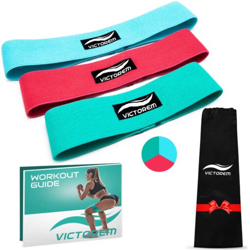 Victorem Resistance Hip Booty Bands Set - Fabric Bands for Glutes and Legs Exercise - with Digital Workout Guide Sky Blue, Pink, Mint