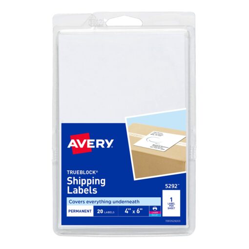 Avery Printable Shipping Labels, 4" x 6", White, 20 Blank Address Labels (05292) 1 Count (Pack of 1)