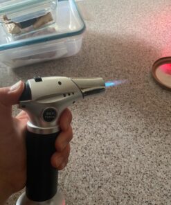 Blow Torch, Professional Kitchen Cooking Torch with Lock Adjustable Flame Refillable Mini Blow Torch Lighter for BBQ, Baking, Brulee Creme, Crafts and Soldering(Butane Gas Not Included) Silver+black 38 81KtCwihgkL