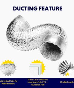 iPower GLDUCT4X8C 4 inch 8 feet Non-Insulated Flex Air Aluminum Foil Ducting Dryer Vent Hose for HVAC Ventilation with 2 Clamps, 4'' X 8', Silver 4'' X 8' 24 81L28xTPCCL
