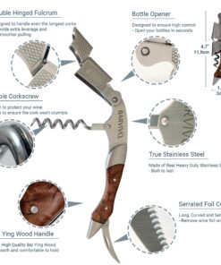 Barvivo Natural Bai Ying Opener with Foil Cutter Knife & Cap Remover, Double Hinged Manual Wine Key for Bartenders, Servers, Waiters, Stainless Steel Wine Bottle Opener Corkscrew 12 81LIuTptDsL