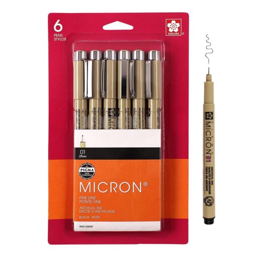 SAKURA Pigma Micron Fineliner Pens - Archival Black Ink Pens - Pens for Writing, Drawing, or Journaling - Black Ink - 01 Point Size - 6 Pack Micron 01