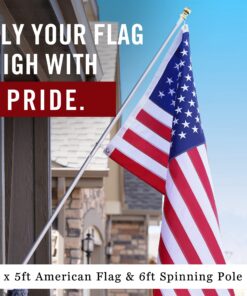 American Flag Pole Holder Kit Silver | Heavy Duty Outdoor Flagpole | 3x5’ Flag | 210D Nylon United States Flag | 6’ Adjustable Spinning Flag Pole | House Mount Bracket | Commercial | High Winds Flag Pole Kit w/ Silver Pole 12 81LTt03YTWL