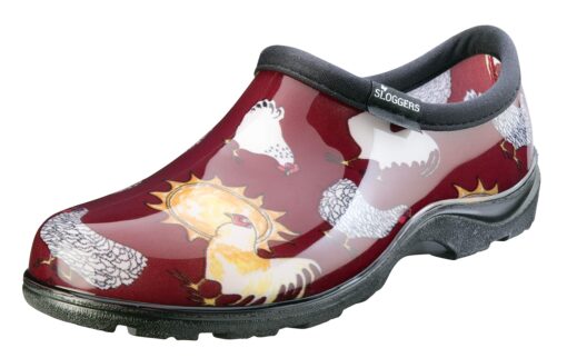 Sloggers Waterproof Garden Shoe for Women – Outdoor Slip-On Rain and Garden Clogs with Premium Comfort Support Insole 8 Chicken Print Barn Red