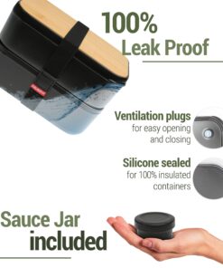 GRUB2GO Premium Bento Lunch Box (Large 68 Oz Capacity) | 2023 Exclusive, 70% Bigger | Includes Bamboo Chopping Board Lid, Carry Bag, 2 Dividers, Utensils, Sauce Container Premium 2021 Model: Executive Black (68 OZ) 39 81Lsm4UeIgL