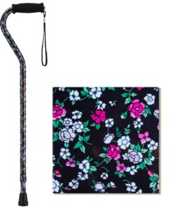 NOVA Designer Walking Cane with Offset Handle, Lightweight Adjustable Walking Stick with Carrying Strap Black with Pink and Blue Flowers Design 6 81M xne9k7L