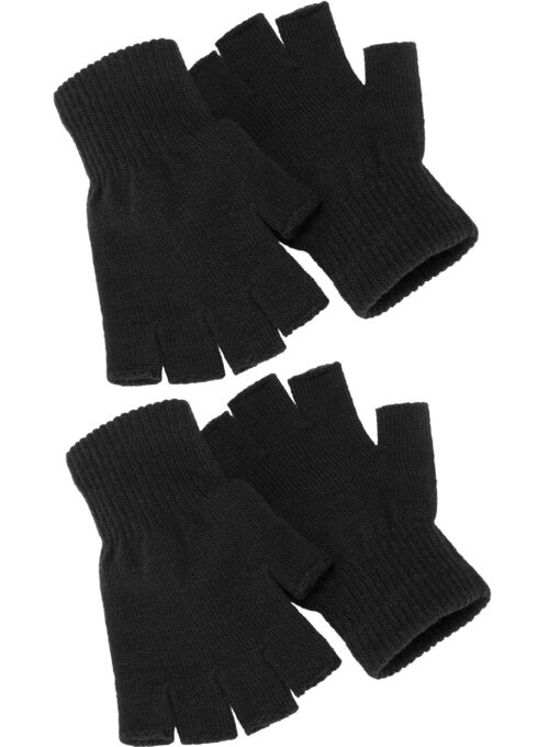 SATINIOR 2 Pair Unisex Half Finger Gloves Winter Stretchy Knit Fingerless Gloves in Common Size Black