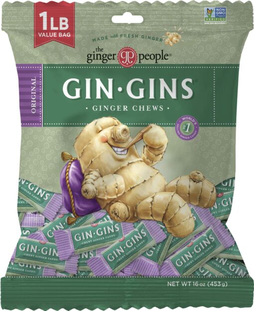 GIN GINS® Original Chewy Ginger Candy by The GInger People® - Anti-Nausea and Digestion Aid, Individually Wrapped Healthy Candy - Original Ginger Flavor, Large 1 lb Bag (16oz) - Pack of 1