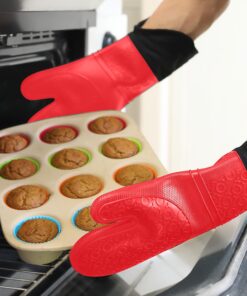 HOMWE Extra Long Professional Silicone Oven Mitt, Oven Mitts with Quilted Liner, Heat Resistant Pot Holders, Flexible Oven Gloves, Red, 1 Pair, 14.7 Inch 34 81MNEde9FL