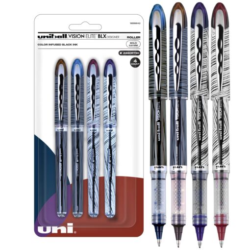 Uniball Vision Elite Designer Rollerball Pens, Assorted Pens Pack of 4, Bold Point Pens with 0.8mm Bold Ink, Ink Black Pen, Pens Fine Point Smooth Writing Pens, Bulk Pens, and Office Supplies