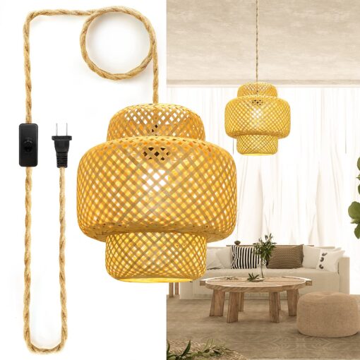 Plug in Pendant Light, Rattan Hanging Lights with Plug in Cord, Hand Woven Bamboo Lampshade Hanging Lamp with 15ft Hemp Rope, On/Off Switch, Plug in Pendant Light Fixture for Living Room Bedroom