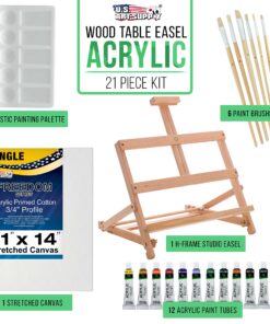 Alternative view of U.S. Art Supply 21-Piece Artist Acrylic Painting Set with Wooden H-Frame Studio Easel, 12 Vivid Acrylic Paint Colors, Stretched Canvas, 6 Brushes, Painting Palette - Kids Students, Adults, Starter Kit Acrylic Artist Set
