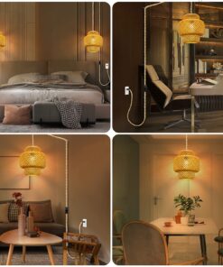 Plug in Pendant Light, Rattan Hanging Lights with Plug in Cord, Hand Woven Bamboo Lampshade Hanging Lamp with 15ft Hemp Rope, On/Off Switch, Plug in Pendant Light Fixture for Living Room Bedroom 28 81NEv1s40EL