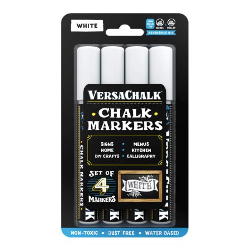 VersaChalk White Chalkboard Chalk Markers - Wet Erase Dustless Chalk Ink Paint Marker for Blackboard, Dry Erase White Board, Chalkboard Sign (BOLD 5mm, 4/SET) BOLD 5mm, 4/SET