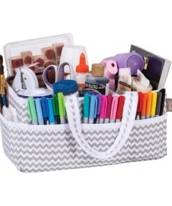 Dove Gray Chevron Storage Caddy - Chevron Print Body, Handles and Lining, Gray and White Trim, Gray and White, Two Handles, 12 in x 6 in x 8 in Dove Gray 28 81NOMpJS5RL