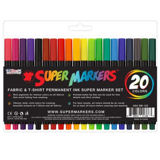 US Art Supply Super Markers 20 Color Premium Fabric & T-Shirt Marker Set with Our Unique Fine tip Bullet Point Tip