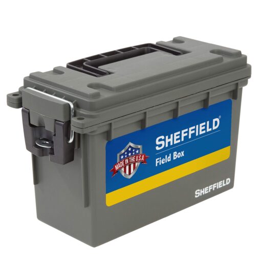 Sheffield 12626 Field Box, Plastic Ammo Can for Pistol, Rifle, and Shotgun Ammo, Water Resistant Storage Box w/ 3 Locking Options, Olive Drab Green Cans, Made in The U.S.A.