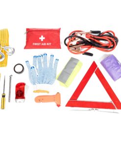 Roadside Assistance Emergency Car Kit - First Aid Kit, Jumper Cables, Tow Strap, led Flash Light, Rain Coat, Tire Pressure Gauge, Safety Vest and More Ideal Winter Accessory for Your Car (Black) Black 16 81NUQoNBnVS