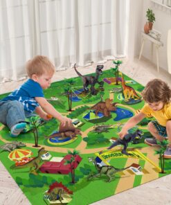 TEMI Dinosaur Toys for Kids 3-5, Realistic Jurassic Dinosaurs Figures with Play Mat & Trees to Create a Dino World Includes T-rex, Triceratops, Velociraptor, Gift for Toddler Boys & Girls 2 3 4 5 6 7 dinosaurs&mat 35 81Njr0oW0tL