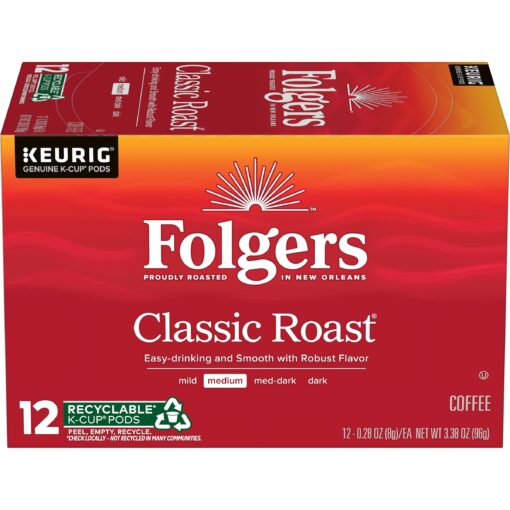 Folgers Classic Roast Medium Roast Coffee, 72 Keurig K-Cup Pods 12 Count (Pack of 6)