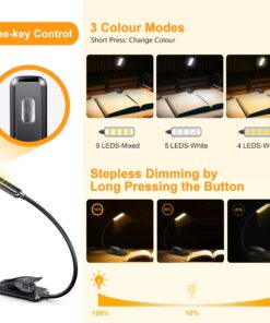 Gritin 9 LED Rechargeable Book Light for Reading in Bed - Eye Caring 3 Color Temperatures,Stepless Dimming Brightness,80 Hrs Runtime Small Lightweight Clip On Book Reading Light for Kids,Studying Black 27 81Np h34M7L
