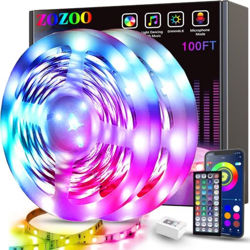 ZOZOO 100ft Led Lights for Bedroom(2 Rolls of 50ft), Smart RGB Led Strip Lights with 44-Key Remote & APP Control Music Sync with Color Changing for Home Party Festival Decoration