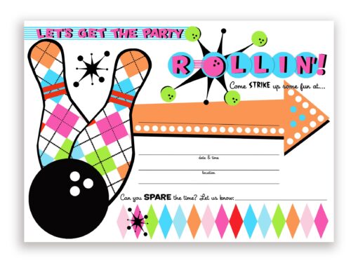 POP parties Bowling Party Large Invitations Pink - 20 Invitations + 20 Envelopes