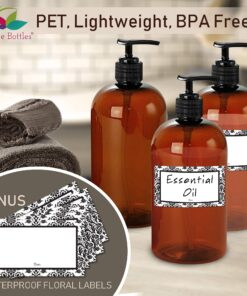Baire Bottles 16 oz Empty Refillable Plastic Pump Bottles Dispenser 6 Pk PET BPA Free Refillable Containers Shampoo Lotion Oil Soap Waterproof Labels USA (Amber/Brown with Black Pump, Damask Labels) Amber/Brown With Black Pump, Damask Labels 19 81OEFx93WcL