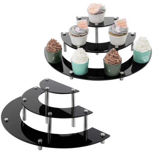 MyGift 6-Piece Set Black Acrylic Semicircle Server Cupcake Dessert Display Stand Shelves, Tabletop Collectible Product Showcase Risers Black (Set of 2)