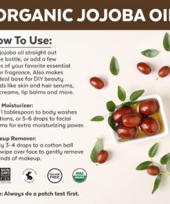 Viva Naturals Jojoba Oil Organic Cold Pressed Unrefined - 100% Pure Jojoba Oil for Skin, Natural Face Moisturizer and Hair Moisturizer, USDA Certified Organic Face Oil for Skin Care DIY, 4 fl. oz 4 Fl Oz (Pack of 1) 37 81OLLL6hodL