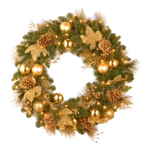 National Tree Company Pre-Lit Artificial Christmas Wreath, Green, Elegance, White Lights, Decorated with Pine Cones, Berry Clusters, Ball Ornaments, Christmas Collection, 24 Inches 24 Inch Wreath with 50 Battery-Operated Warm White LED Lights