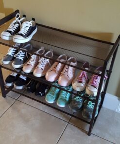 SONGMICS 3-Tier Shoe Rack Storage, Adjustable Metal Mesh Shoe Organizer Stand, Flat/Angled Stackable Shoe Rack Shelf for 9-12 Pairs, Shoe Tower for High Heels, Sneakers, Bronze, 12.1" x 29.1" x 24.7" 43 81OTcz0ItQL