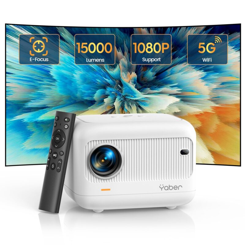 [Electric Focus]Mini Projector with 5G WiFi and Bluetooth 5.2,YABER 15000 Lumen 1080P Outdoor Projector Support ±40° Keystone Correction,Portable Projector for Phone/ TV Stick/Laptop/PS5 white mini