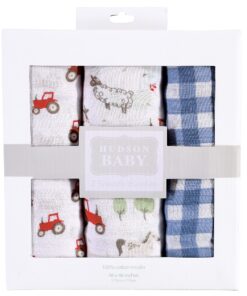 Alternative view of Hudson Baby Unisex Baby Cotton Muslin Swaddle Blankets, Boy Farm Animals, 3-Pack
