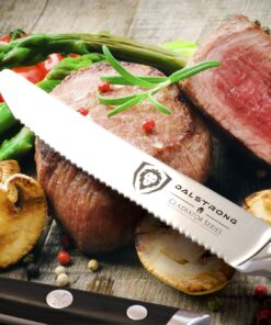 Dalstrong Steak Knives - Set of 4 - Serrated Blade - Gladiator Series Elite - Forged German High-Carbon Steel - Table Dinner Kitchen Knives - Sheaths - Razor Sharp - Dinner Set - NSF Certified 5" Serrated Black 43 81Od1ZWe1zL