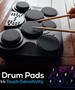 Pyle Portable Drums, Tabletop Drum Set, 7 Pad Digital Drum Kit, Touch Sensitivity, Wireless Electric Drums, Drum Machine, Electric Drum Pads, LED Display, Mac & PC - PTED01 24 81Od52zVfJL
