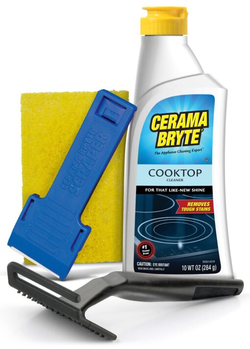 Cerama Bryte Combo Kit POW-R Grip, Scraper, Pad & Removes Tough Stains Cooktop and Stove Top Cleaner for Glass - Ceramic Surfaces, 10 Ounces, 4 Piece