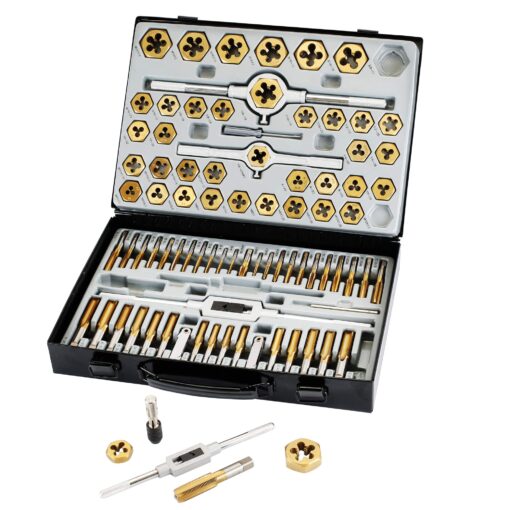 Muzerdo 86 Piece Tap and Die Set Bearing Steel SAE and Metric Tools, Titanium Coated with Metal Carrying Case