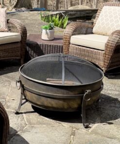 Sunnydaze 34-Inch Cauldron Style Outdoor Fire Pit Bowl with Spark Screen, Log Poker, and Wood Grate - Dark Bronze Finish 34 in 35 81PCkDgxADL