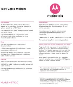 MOTOROLA 16x4 Cable Modem, Model MB7420, 686 Mbps DOCSIS 3.0, Certified by Comcast XFINITY, Charter Spectrum, Time Warner Cable, Cox, BrightHouse, and More Black 30 81PENrC2PeL